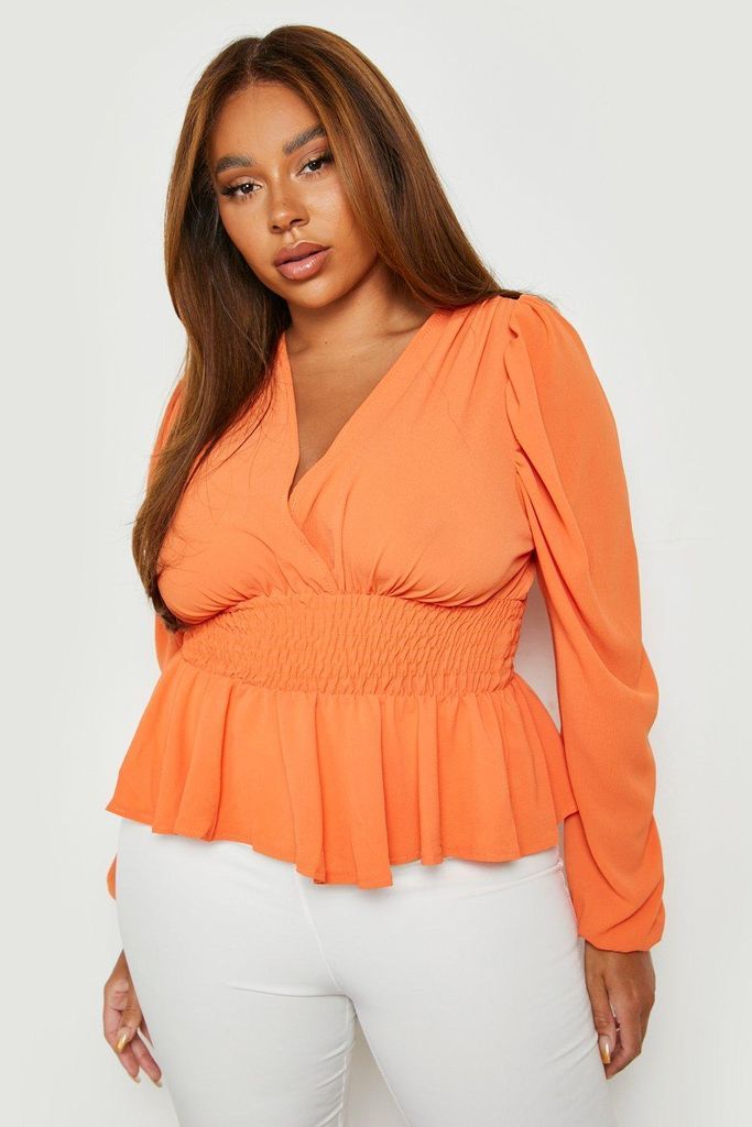Womens (Ve) Plus Woven Wrap Shirred Peplum Top - Orange - 16, Orange