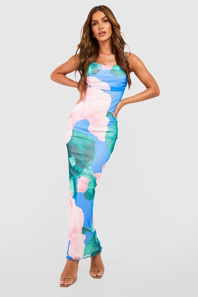 Womens Abstract Floral Print Mesh Maxi Slip Dress - Blue - 8, Blue