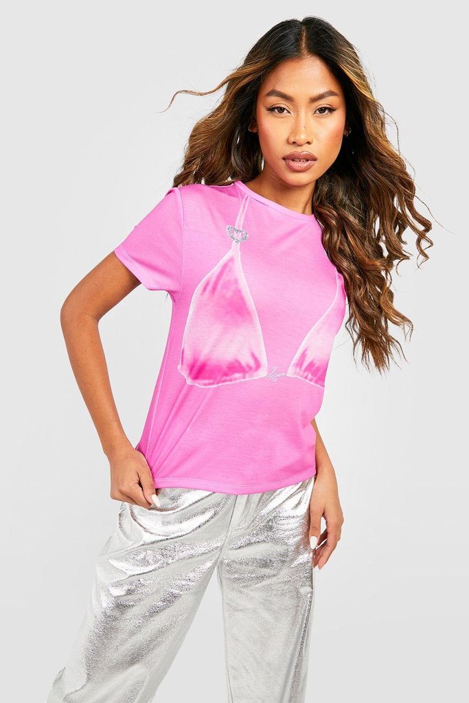 Womens Diamante Heart Printed Bralet T-Shirt - Pink - 6, Pink