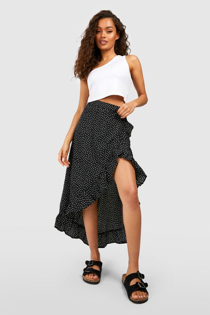 Womens Polka Dot Ruffle Wrap Maxi Skirt - Black - 6, Black