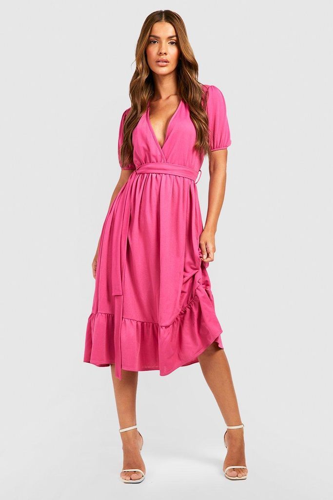Womens Puff Sleeve Wrap Midi Dress - Pink - 8, Pink