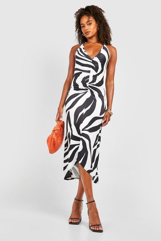 Womens Tall Zebra Print Plunge Ruched Midaxi Dress - Black - 6, Black