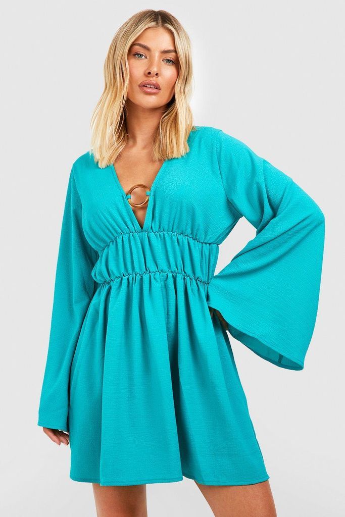 Womens Textured Linen Look O-Ring Beach Mini Dress - Green - S, Green
