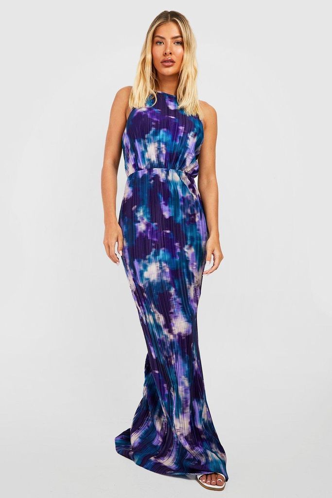 Womens Abstract Plisse Halterneck Maxi Dress - Purple - 10, Purple