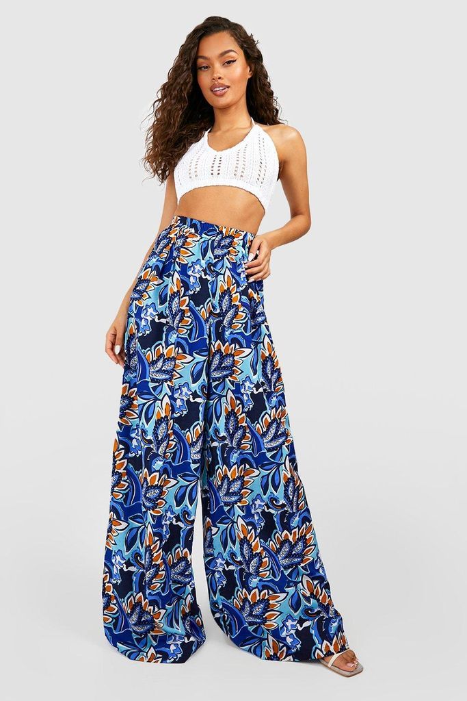 Womens Abstract Printed Wide Leg Trousers - Blue - 6, Blue