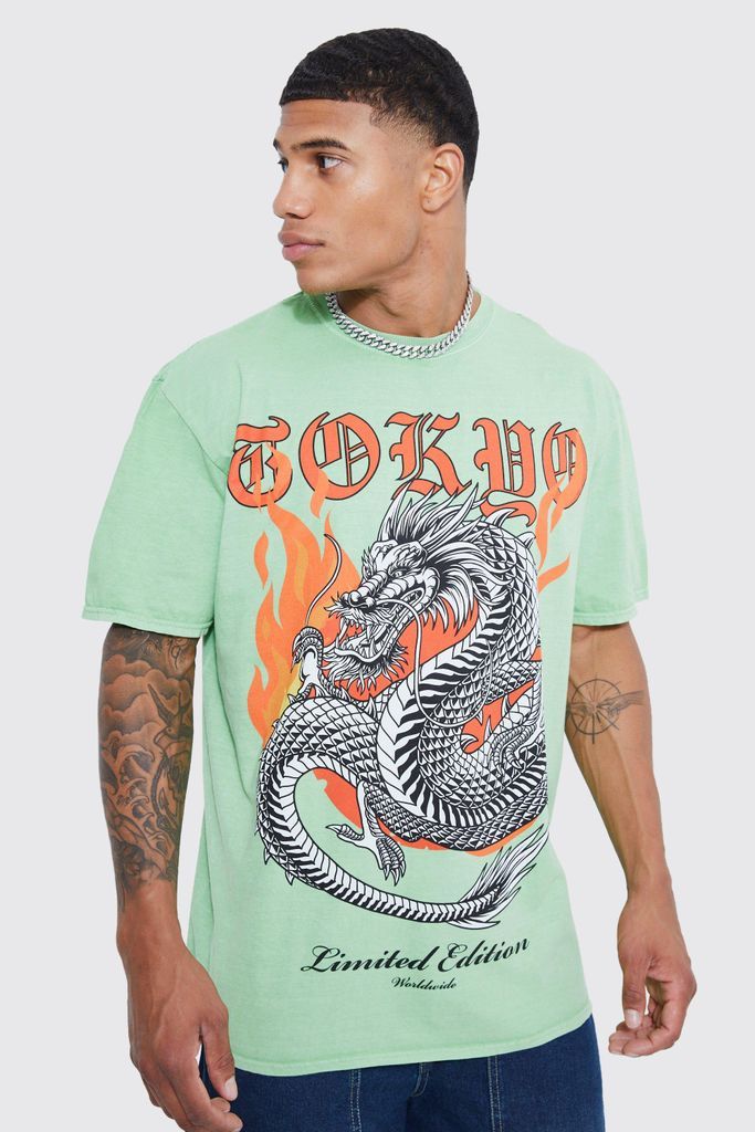 Men's Oversized Overdyed Dragon Graphic T-Shirt - Green - S, Green