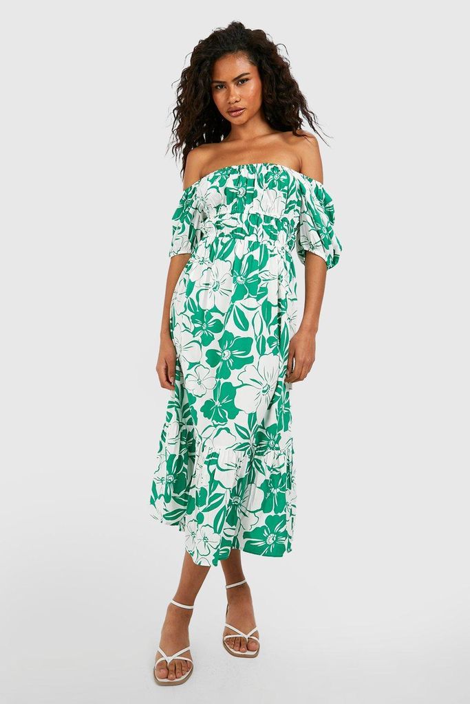 Womens Floral Off The Shoulder Midi Dress - Green - 8, Green