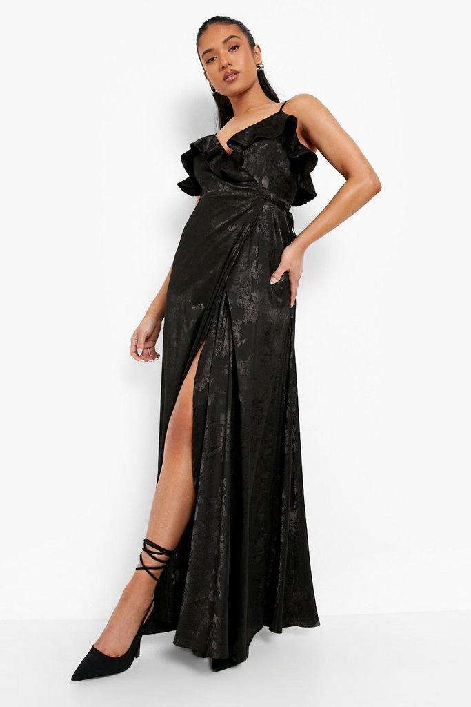 Womens Petite Jacquard Ruffle Detail Maxi Dress - Black - 8, Black