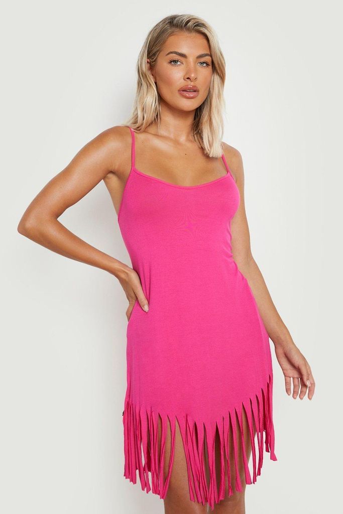 Womens Strappy Tassel Mini Beach Dress - Pink - S, Pink