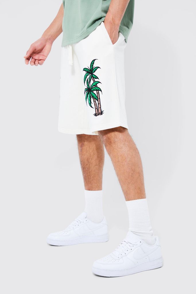 Men's Tall Oversized Mid Length Embroidered Palm Short - Cream - L, Cream
