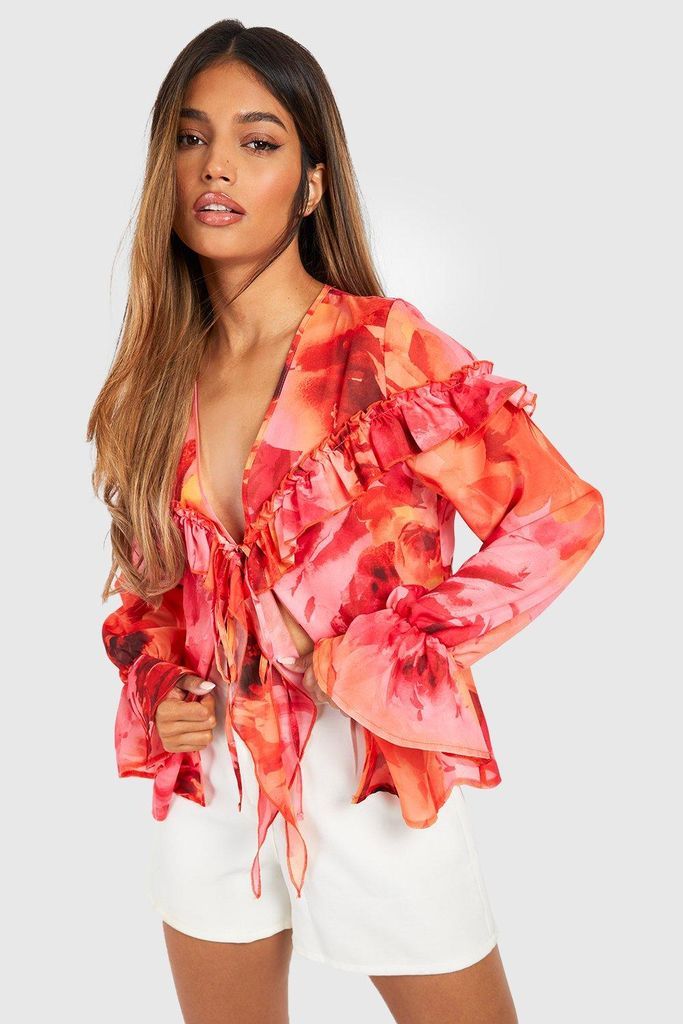 Womens Bloom Floral Ruffle Tie Detail Blouse - Pink - 8, Pink
