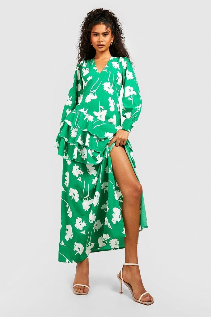 Womens Ruffle Hem Puff Sleeve Printed Maxi Dress - Green - 8, Green