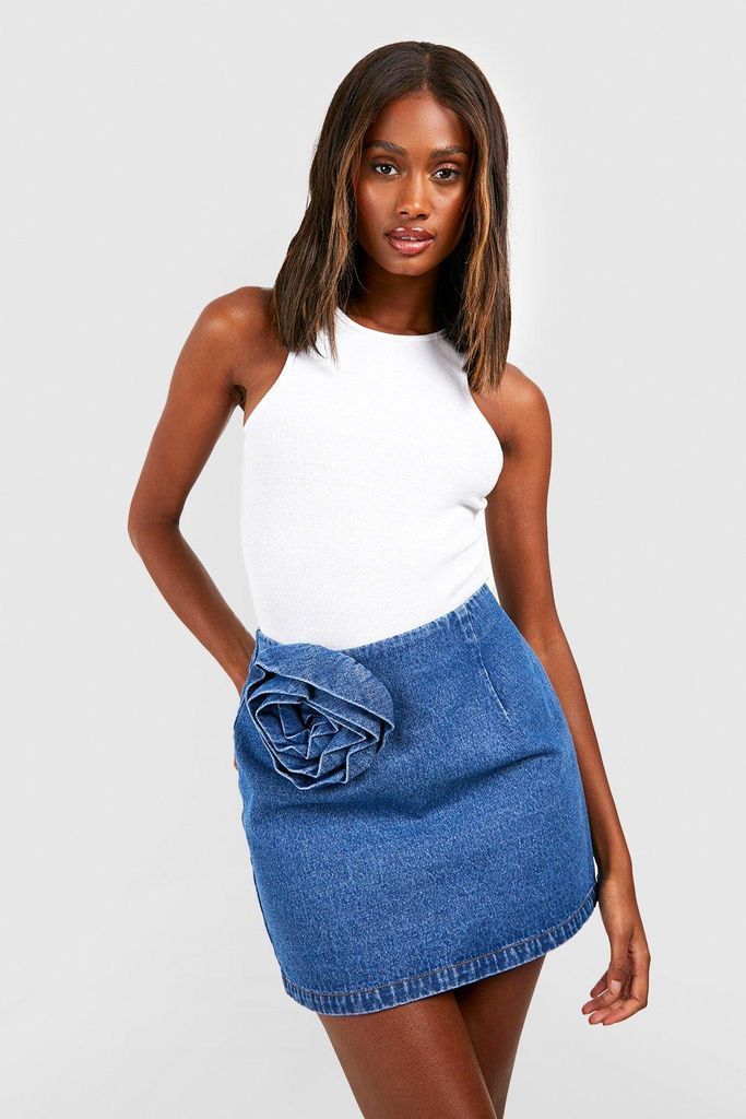 Womens Rose Corsage Detail Denim Mini Skirt - Blue - 6, Blue