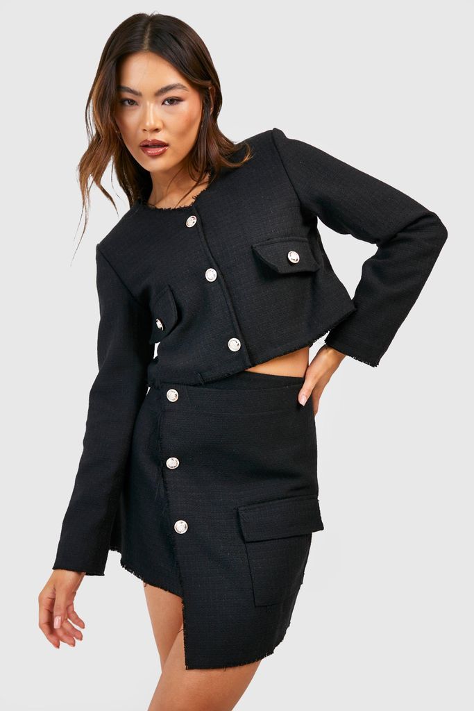 Womens Tweed Button Front Frayed Edge Asymmetric Mini Skirt - Black - 8, Black