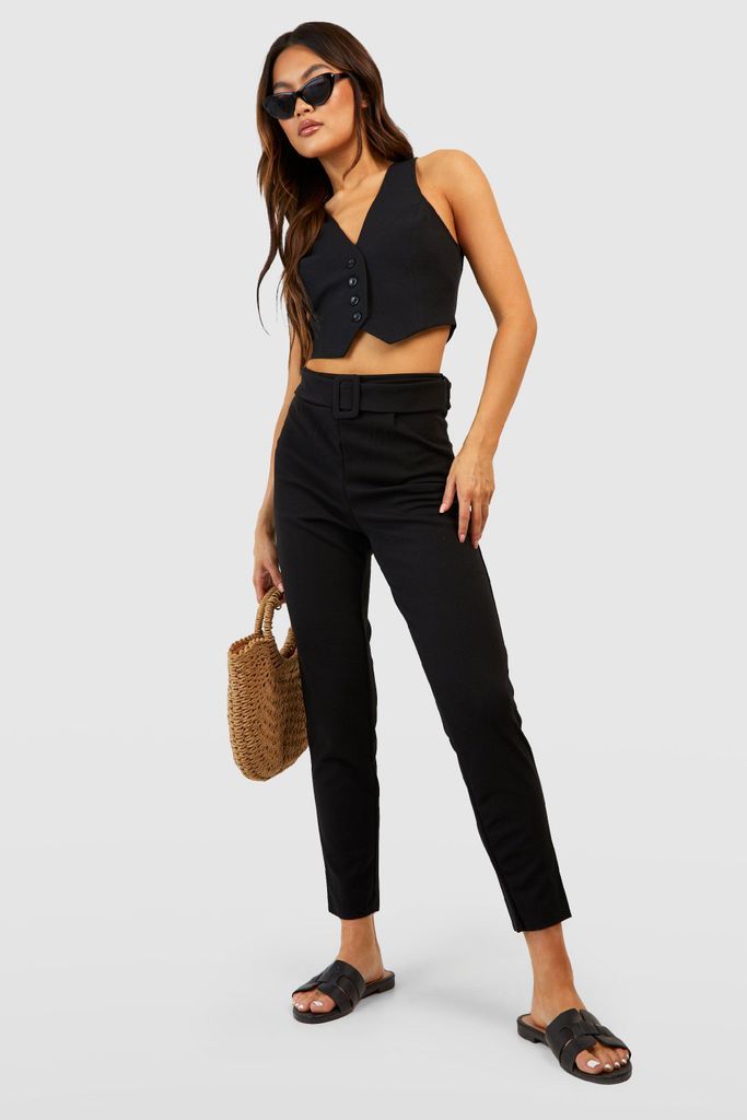 Womens High Waisted Buckle Belted Tapered Trousers - Black - 6, Black