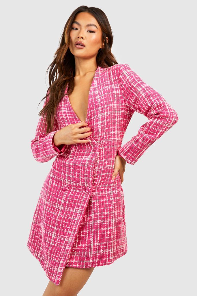 Womens Check Boucle Long Sleeve Blazer Dress - Pink - 8, Pink