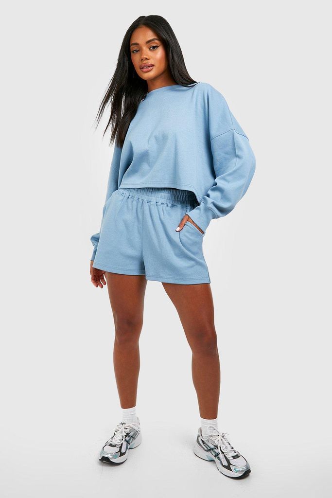 Womens Ribbed Boxy Sweatshirt Short Tracksuit - Blue - S, Blue