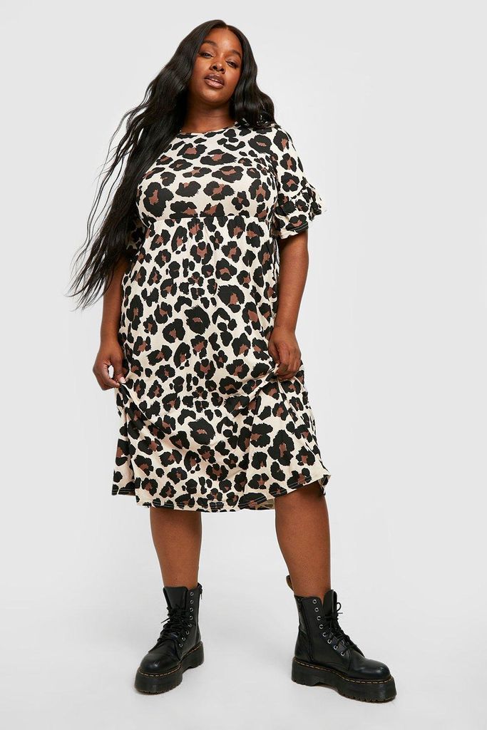 Womens Plus Leopard Ruffle Midi Smock Dress - Black - 28, Black
