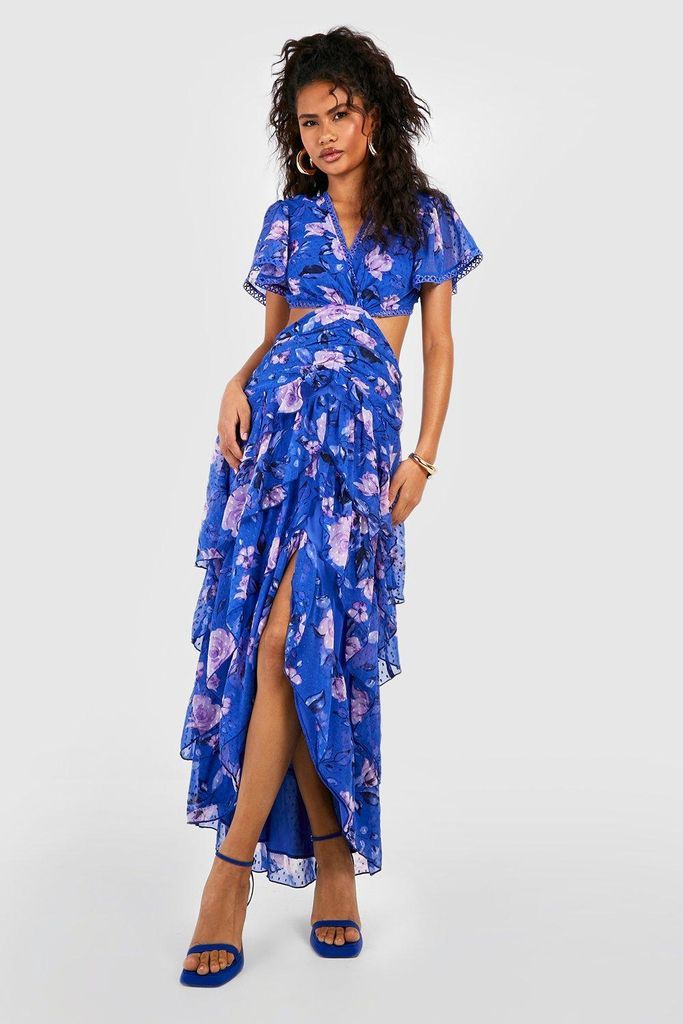 Womens Floral Dobby Cut Out Ruffle Maxi Dress - Blue - 18, Blue
