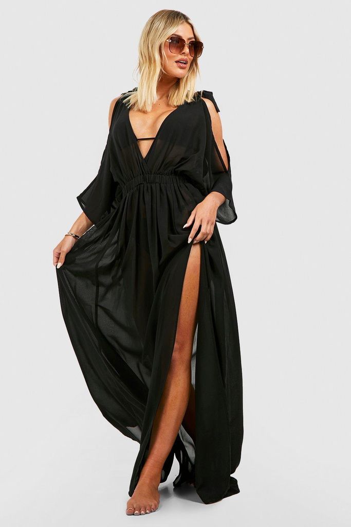 Womens Cold Shoulder Cut Out Beach Maxi Dress - Black - S, Black