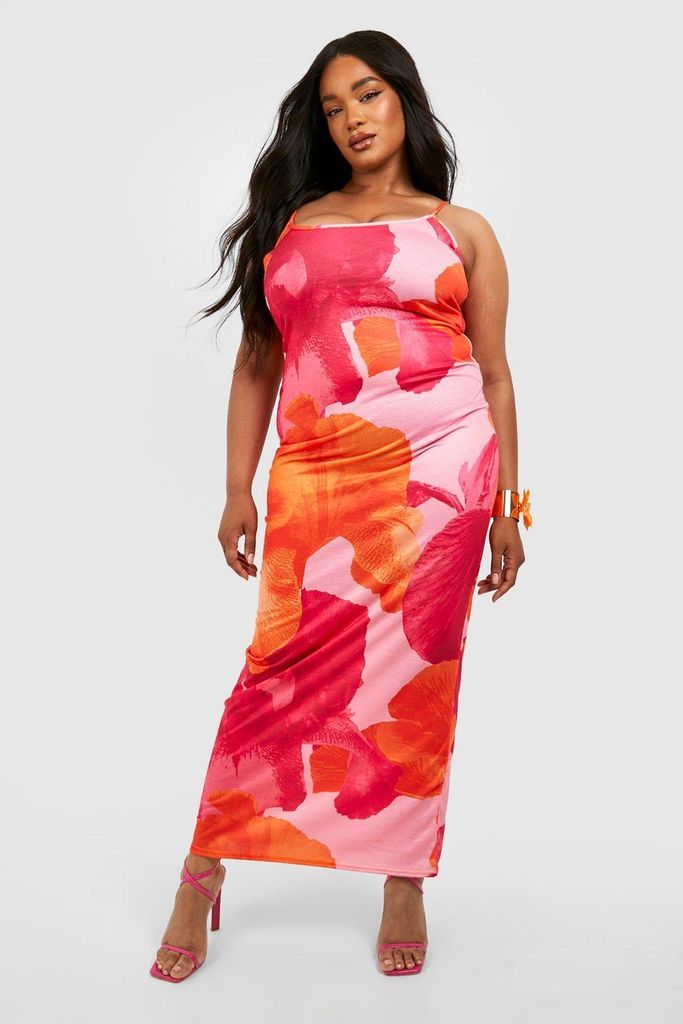 Womens Plus Abstract Floral Scoop Neck Maxi Dress - Pink - 16, Pink