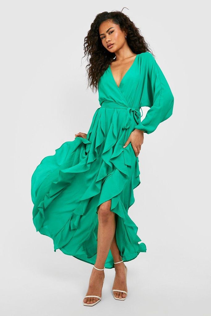 Womens Ruffle Wrap Belted Maxi Dress - Green - 8, Green