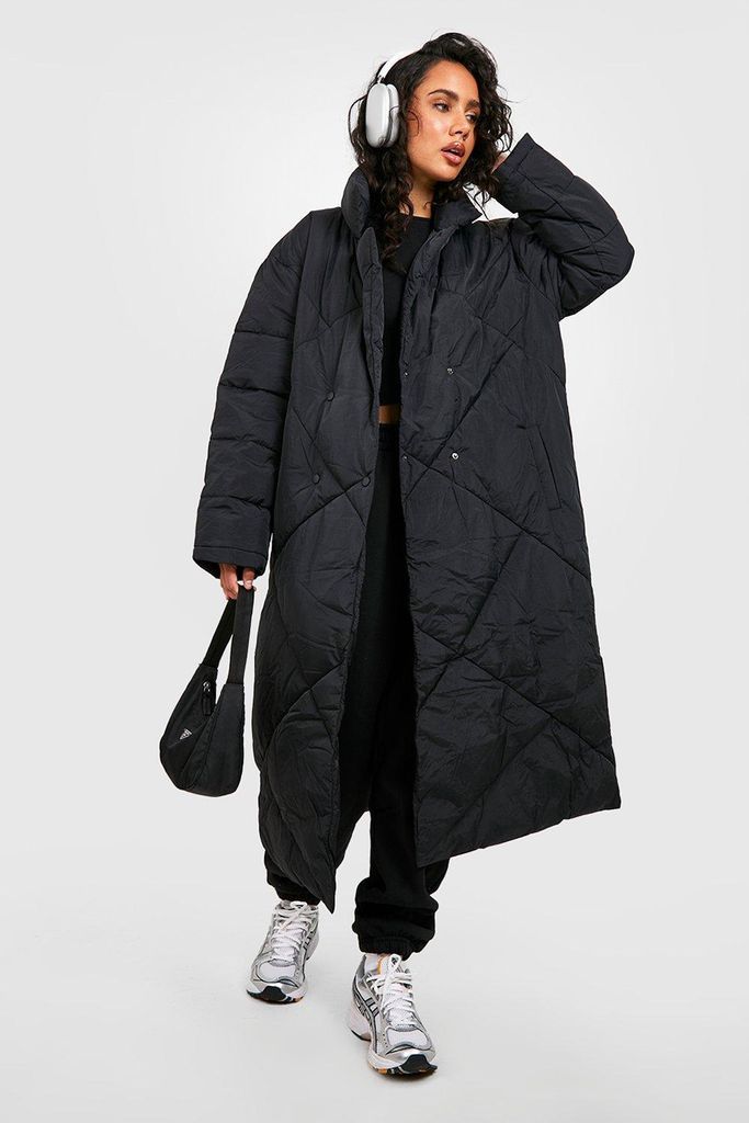 Womens Maxi Quilt Detail Puffer Jacket - Black - 8, Black