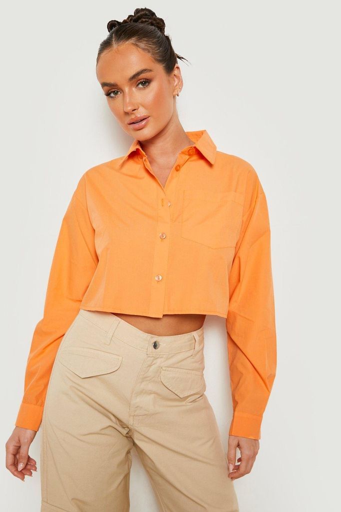 Womens Boxy Cropped Cotton Shirt - Orange - 14, Orange