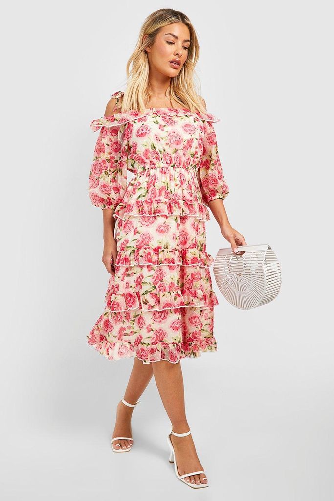 Womens Chiffon Ruffle Floral Midi Dress - Pink - 10, Pink