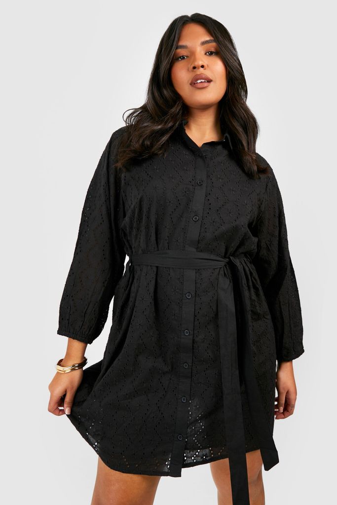 Womens Plus Broderie Anglaise Shirt Dress - Black - 16, Black