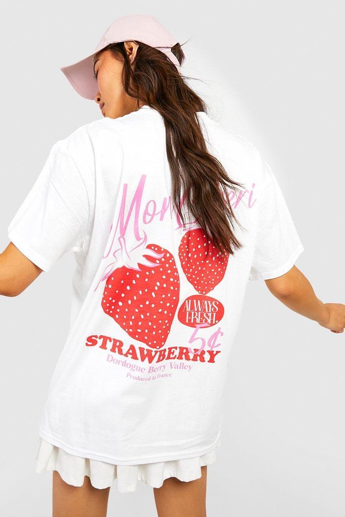 Womens Strawberry Graphic Back Print Oversized T-Shirt - White - L, White