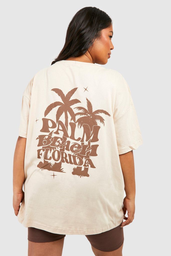 Womens Plus Palm Beach Back Print Oversized T-Shirt - Beige - 16, Beige