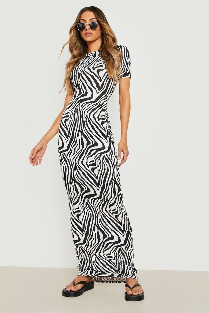 Womens Zebra Cap Sleeve Maxi Dress - Black - 8, Black