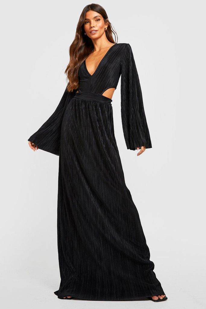 Womens Plisse Wide Sleeve Cut Out Maxi Dress - Black - 8, Black