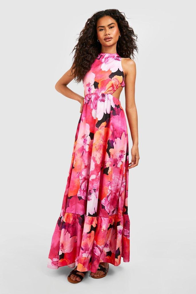 Womens Abstract Floral Cross Back Maxi Dress - Pink - 8, Pink