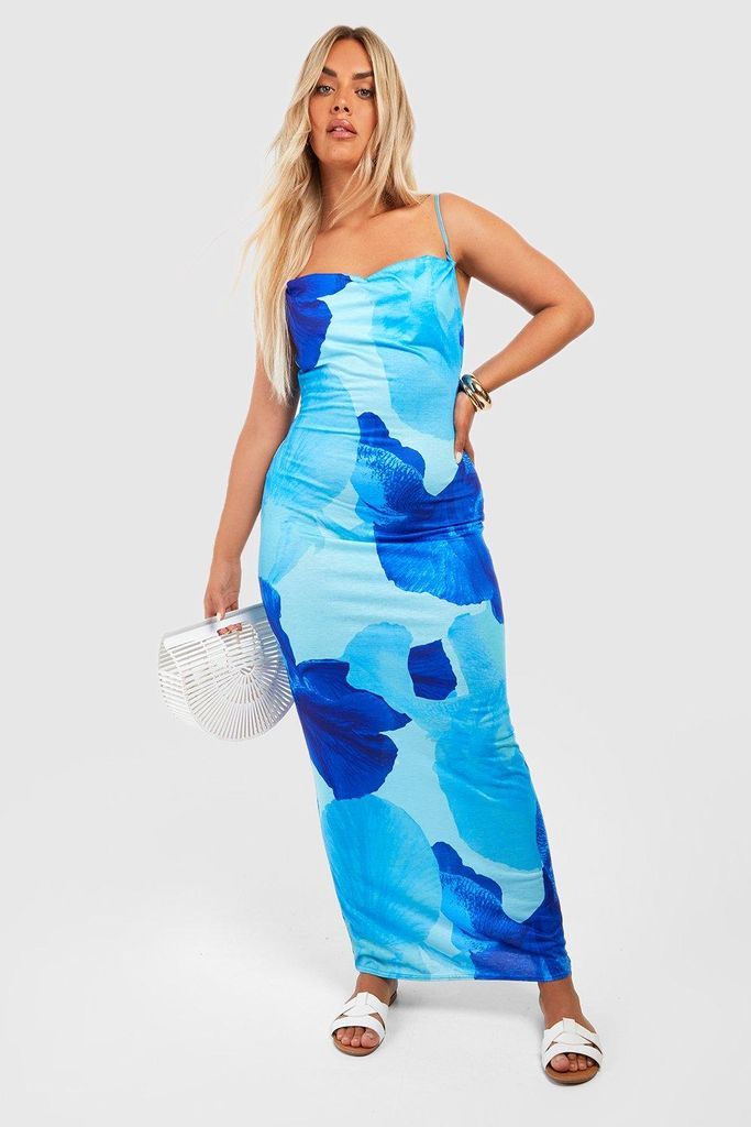 Womens Plus Large Abstract Floral Slinky Maxi Dress - Blue - 16, Blue