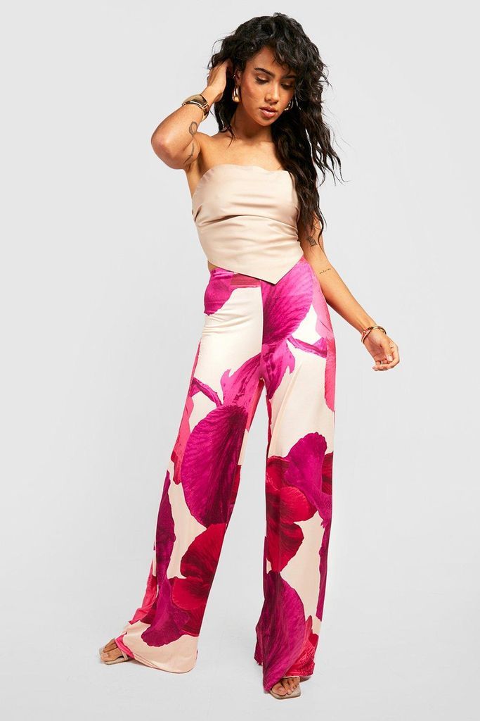 Womens Slinky Floral Wide Leg Trousers - Pink - 6, Pink