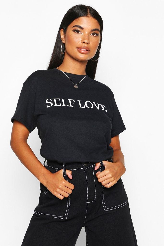 Womens Petite 'Self Love' Slogan T-Shirt - Black - L, Black
