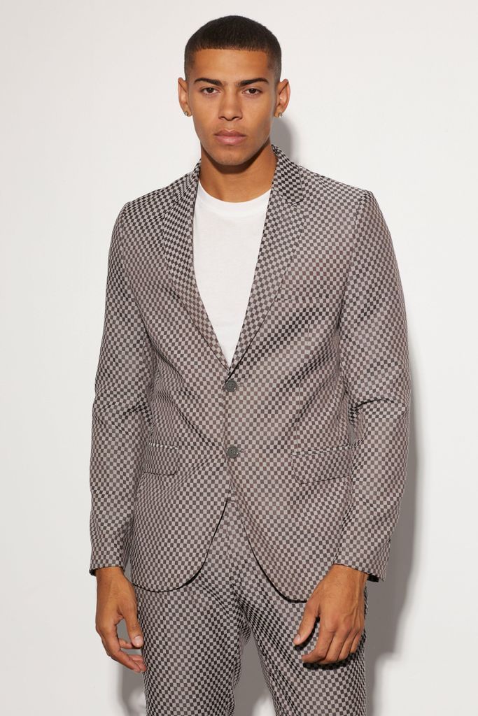 Men's Slim Single Breasted Checkerboard Suit Jacket - Grey - 36, Grey