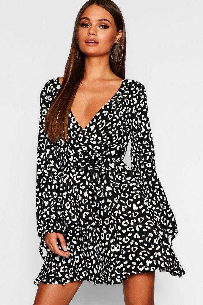 Womens Ruffle Front Tie Sleeve Leopard Print Tea Dress - Black - 8, Black