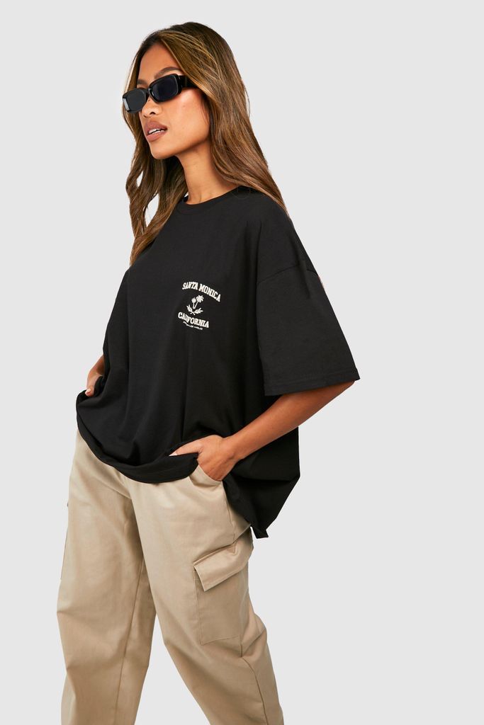 Womens Santa Monica Pocket Embroidery Oversized T-Shirt - Black - L, Black