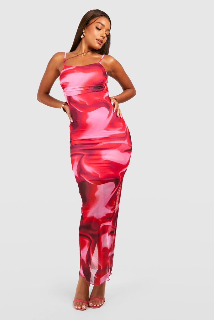 Womens Abstract Marble Mesh Maxi Slip Dress - Pink - 8, Pink