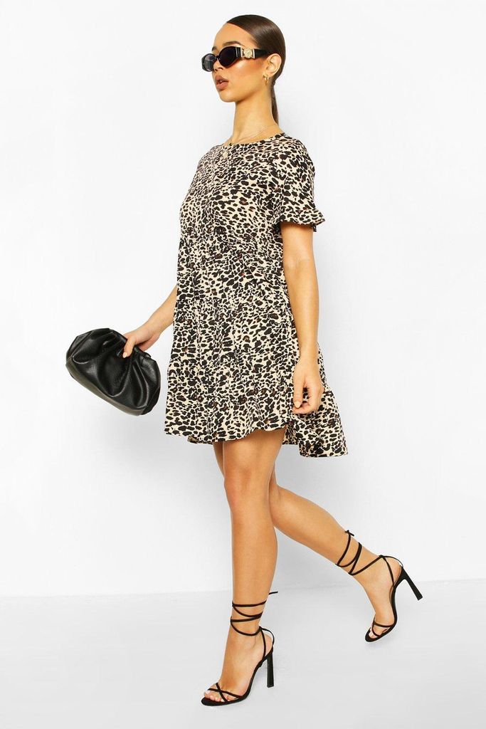 Womens Leopard Print Ruffle Sleeve Smock Dress - Brown - 8, Brown