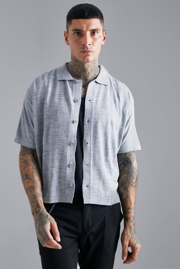 Men's Short Sleeve Boxy Button Down Knitted Shirt - Grey - M, Grey