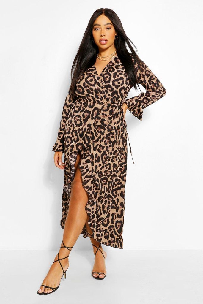 Womens Plus Leopard Ruffle Wrap Midi Dress - Brown - 28, Brown