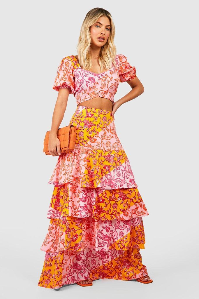 Womens Mixed Print Sweetheart Puff Sleeve Crop & Tiered Maxi Skirt - Pink - 6, Pink