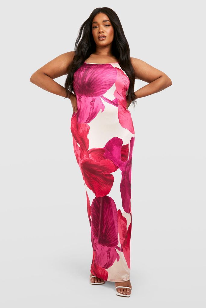 Womens Plus Floral Slinky Maxi Dress - Pink - 16, Pink