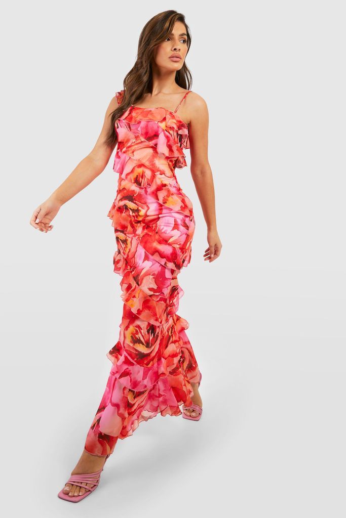 Womens Floral Ruffle Chiffon Asymmetric Maxi Dress - Pink - 8, Pink