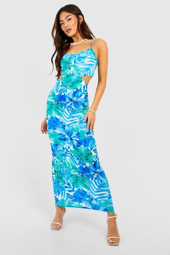 Womens Floral Cut Out Strappy Maxi Dress - Blue - 14, Blue