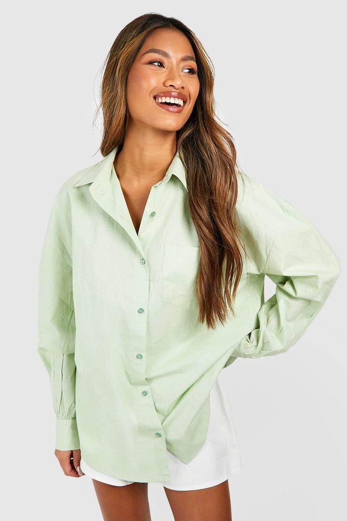 Womens Oversized Cotton Poplin Shirt - Green - 12, Green